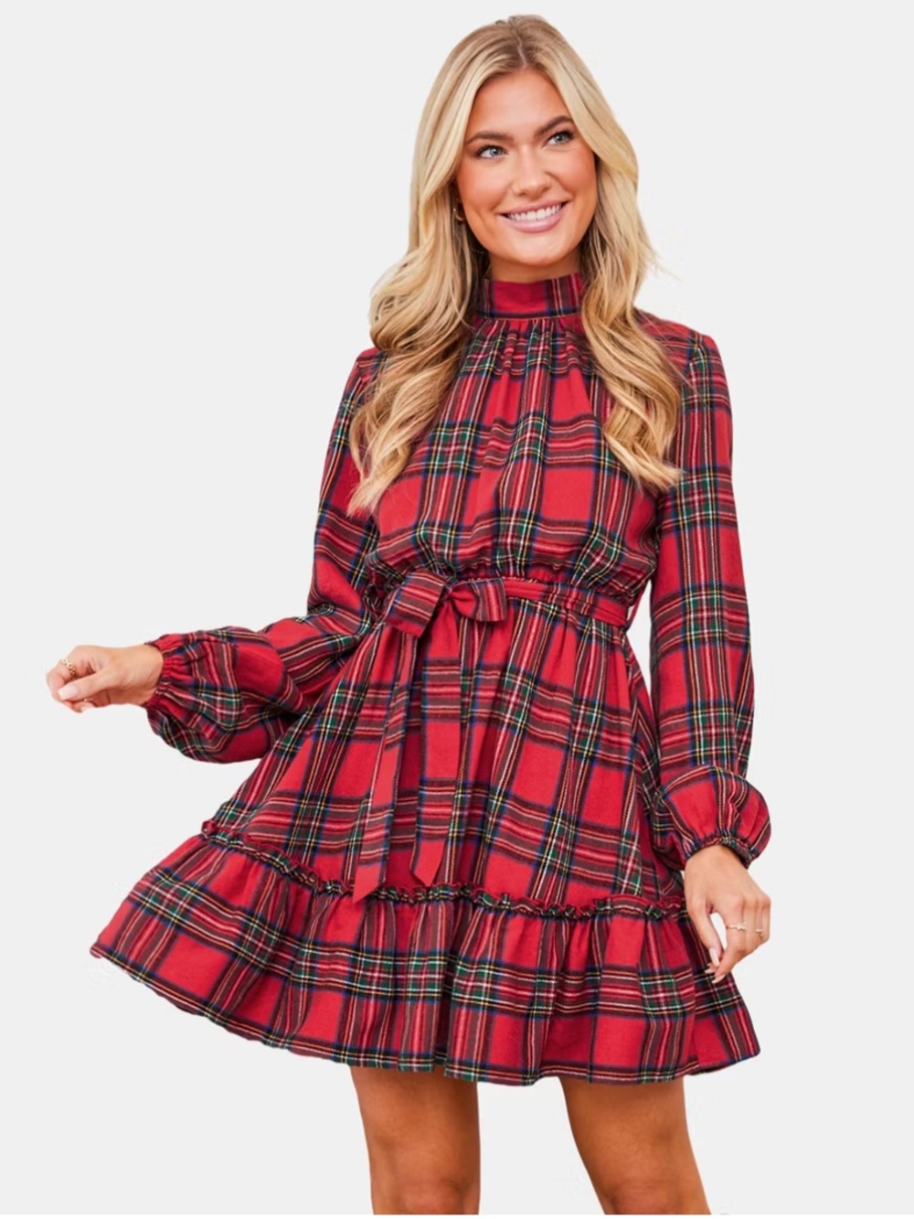 Cupshe Women's Red Plaid Tiered Mini Dress with Waist Tie